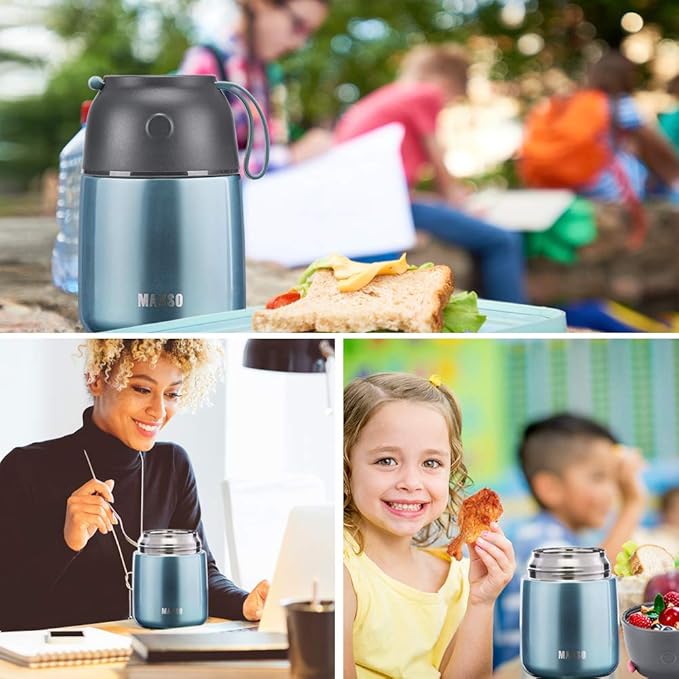 Insulated Thermo Food Jar for Hot & Cold Food for Kids Adult, 17 oz Soup Thermal Hot Food Containers for Lunch, Triple Layer Insulation Stainless Steel Food Jar with Spoon (Lightblue)