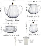 Porcelain Tea Sets British Royal Series, 8 OZ Cups& Saucer Service for 6, with Teapot Sugar Bowl Cream Pitcher Teaspoons and Tea Strainer, Suitable for High Tea, Wedding, Party (Violet)