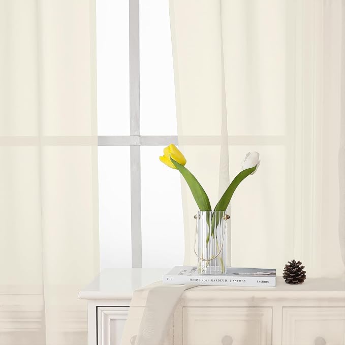 Cream Sheer Curtains 48 Inch Length 2 Pcs, Rod Pocket Light Filtering Voile - Image 4