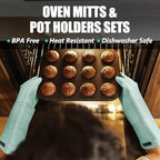 Rorecay 6pcs Oven Mitts and Pot Holders Sets Heat Resistant 500 Degrees, Extra Long Silicone Oven Gloves Non-Slip Potholders Hot Pads for Kitchen Baking Cooking, Quilted Liner, Bermuda Teal