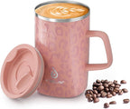 Ideus Vacuum Insulated Coffee Mug, 16oz Reusable Stainless Steel Thermal Double Walled cup with Handle and Slider Lid for Hot & Cold Beverages, BPA Free (Leapord Pink)
