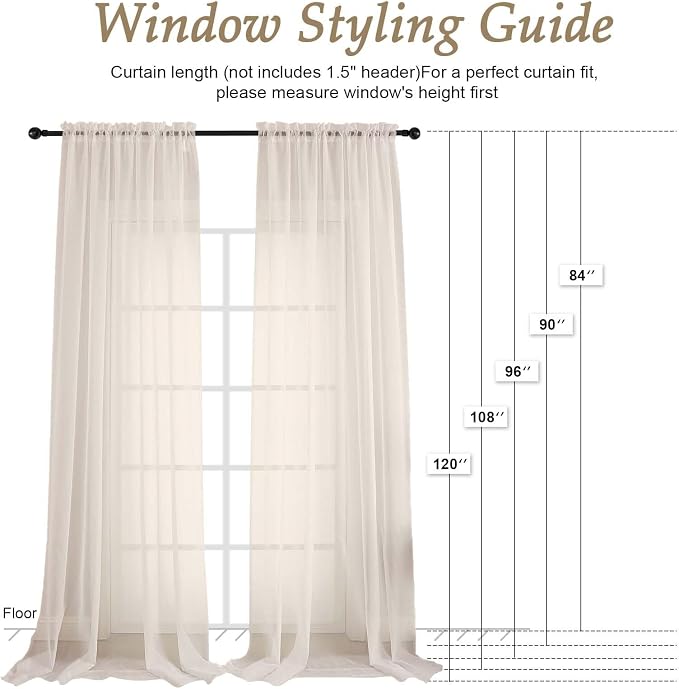 Sheer Cream Curtains 108 Inches Long 2 Panels Set, 59 Inch Extra Wide - Image 7