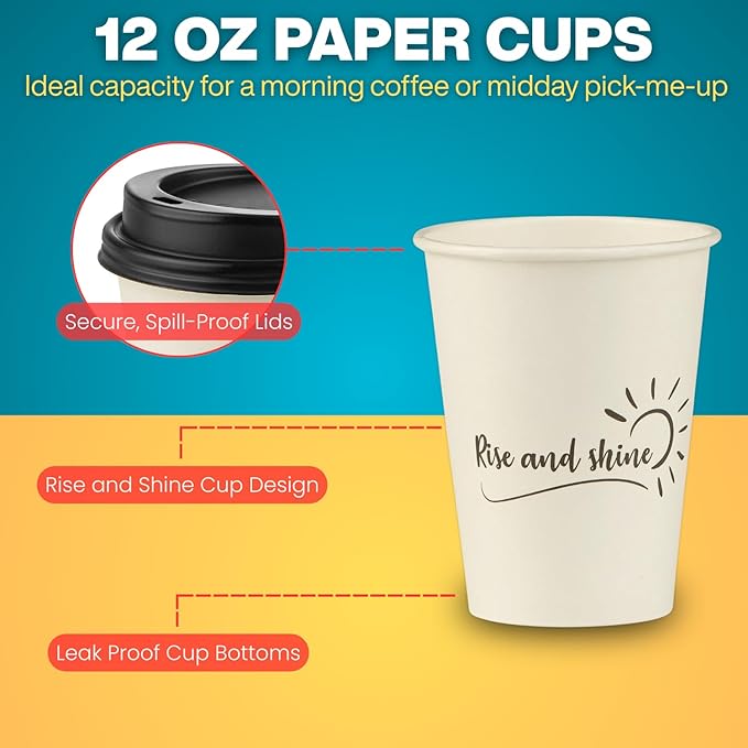 Smygoods Disposable Coffee Cups with Lids, To Go Paper Hot Cups, Rise and Shine Design (12 OZ, 100 Count) For Hot Beverages, Coffee, Tea, Espresso, Cocoa - Vasos Para Cafe