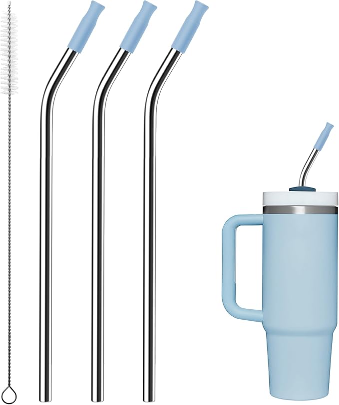 Reusable Stainless Steel Straws with Silicone Tip for Stanley 30oz, Metal Drinking Straws for 30oz Tumbler,3 Bent Tubes & 6 Tips& 1 Cleanr Brush (Chambray)