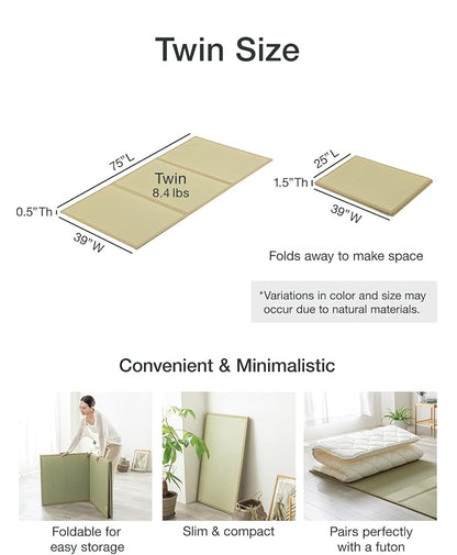FULI Japanese Tatami Mattress, Foldable Igusa Rush Grass Tatami Rug, Natural - Image 2