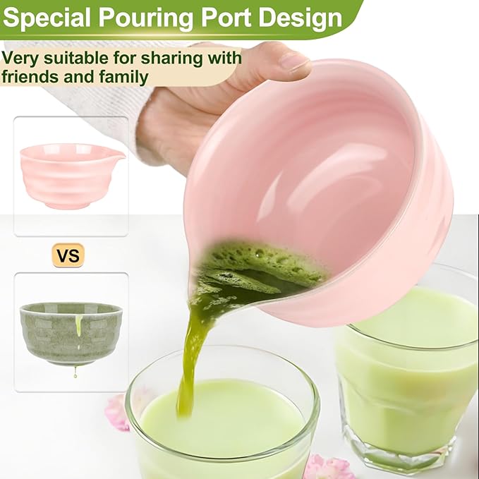 7 Pcs Matcha Whisk Set, Matcha Set with Ceramic Bowl, Whisk, Bamboo Spoon, Whisk Holder, Sifter, Scoop and Holder, Matcha Kit for Matcha Lover (Pink)
