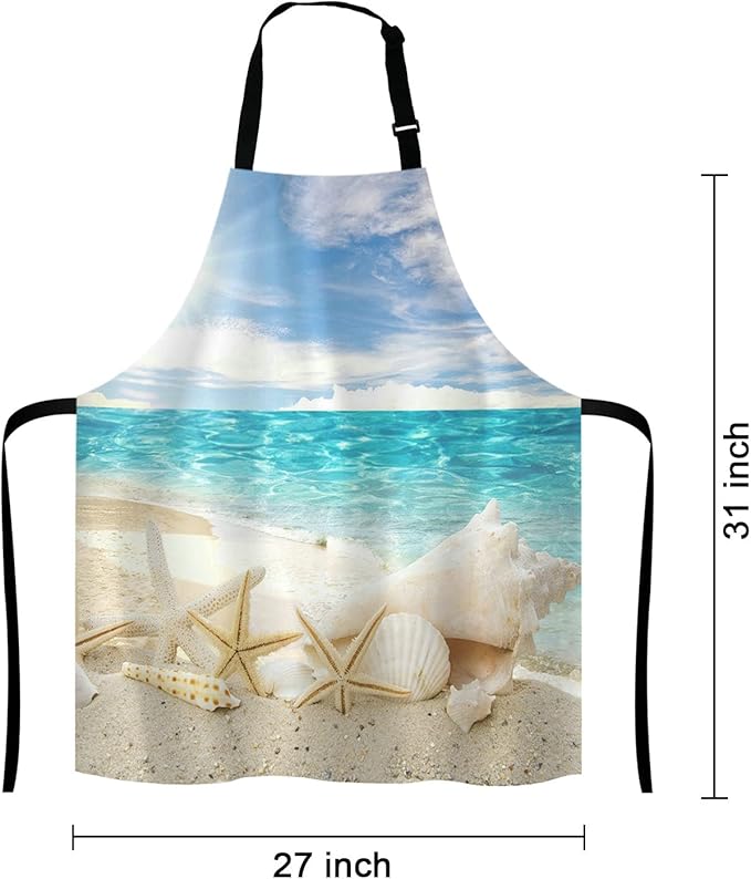 Caribbean Samana Beach Adjustable Bib Apron, Starfish Sea Shells Cooking Kitchen Apron for Men Women