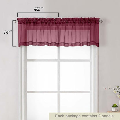 Burgundy Valances for Windows, Burgundy Sheer Curtains 14 Inch Length 2 Pack - Image 3