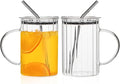 KEMORELA Large Ribbed Glass Tumbler with Handle & Lid, 2‑Pack 1000 ml / 34 oz Glass Cups with Reusable Straw – Thickened Ribbed Glass Mug for Iced Coffee, Juice, Smoothie & Cold Drinks