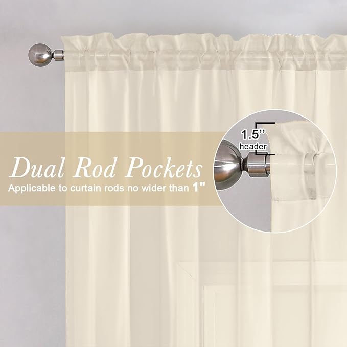 Cream Sheer Curtains 78 Inches Long 2 Panels, Elegant Light Filtering Voile - Image 5
