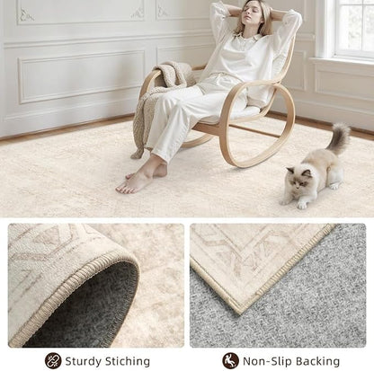 3x5 Area Rugs Living Room: Bedroom Neutral Washable Carpet Beige | Large - Image 4