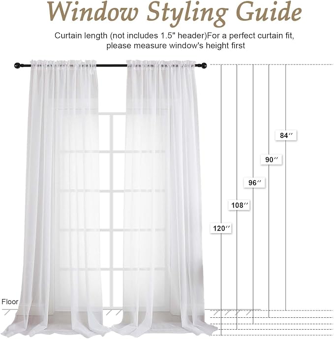 White Sheer Curtains 108 Inches Long 2 Panels Set, Extra Wide Solid Lightweight - Image 2