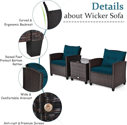 COSTWAY 3PCS Patio Furniture Set, PE Rattan Wicker Sofa w/Washable Cushion and - Image 7