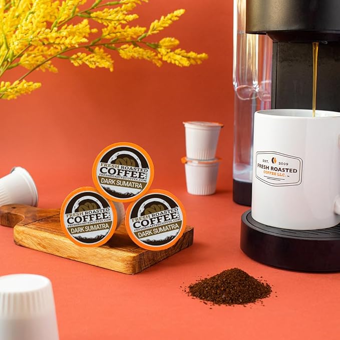 Fresh Roasted Coffee, Dark Sumatra Mandheling |100% Single Origin | Dark Roast, 72 Pods for K Cup Brewers