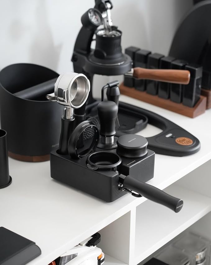 Normcore Espresso Tamping Station, Genuine American Black Ashwood, Coffee Tamper, Distributor, WDT, Puck Screen, Portafilter Holder Stand, Solid Black Ashwood for 58mm Espresso Machine Accessories