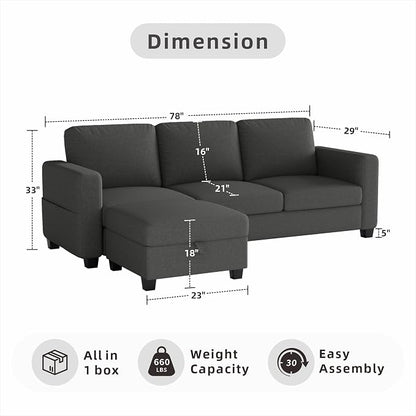 78" Sectional Sofa Couches for Living Room, Dark Grey Convertible L Shaped Couch - Image 2