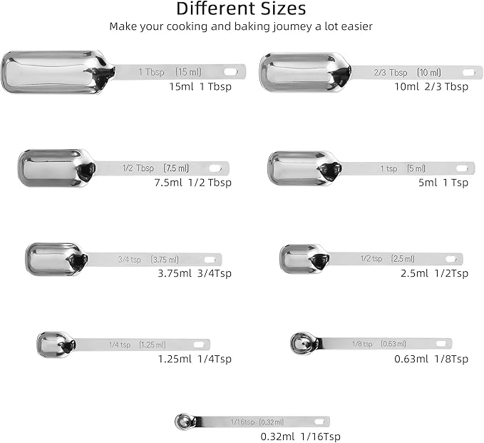 Smithcraft Measuring Spoons Set of 9 with Leveler, Metric & US 18/8 Stainless Steel Measuring Spoons Set for Baking&Kitchen, Metal Long Handle Measuring Spoon for Spice, Nesting Measure Spoon Fit Jar