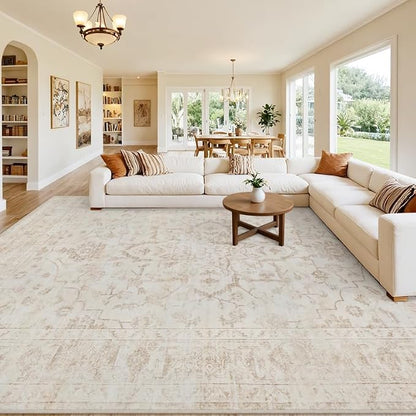 10x12 Area Rugs Living Room: Bedroom Washable Carpet Warm Beige | Vintage Boho by Luxturiy