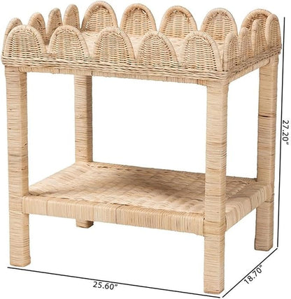 Pemberly Row Bohemian Scallop Side Table, Natural Rattan and Mahogany Wood - Image 3