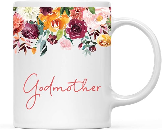 Andaz Press 11oz. Mother's Day Ceramic Coffee Tea Mug Gift, Fall Autumn Burgundy Orange Peach Flowers Roses Florals, Godmother, 1-Pack, Includes Gift Box, Birthday Christmas Gift Ideas