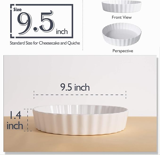 DELLING Set of 2 Tart Pans, 9.5 inch Quiche Pan, Ceramic Fluted Quiche Baking Dish/Pie Pan, Perfect for Baking Tart Pies and Chicken Pot Pie, Cheesecake, Creme Brulee, Round, White