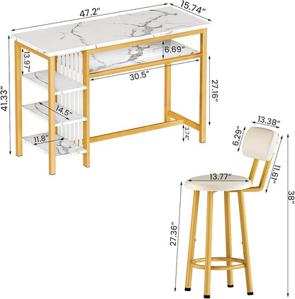 AWQM 3-Piece Bar Table and Chairs Set, Modern White Faux Marble Table - Image 4