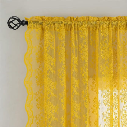 YJ YANJUN Vintage Lace Curtains 63 Inch Length-Victorian Floral Pattern Mustard - Image 3