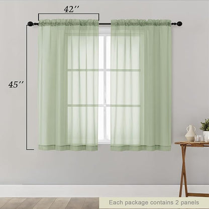 Light Green Sheer Curtains for Bedroom Living Room 45 Inch Length 2 Panels - Image 2