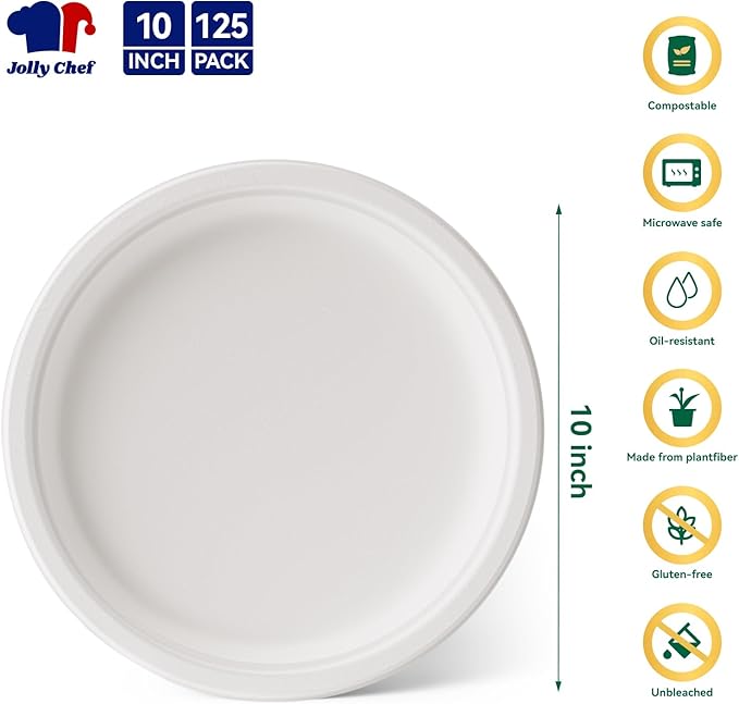 JOLLY CHEF Compostable Heavy Duty Plates 𝟭𝟬 𝗜𝗻𝗰𝗵 [𝟭𝟮𝟱 𝗣𝗮𝗰𝗸] Eco-Friendly Disposable White Paper Plates Made of Bagasse Biodegradable for Party Dinner Sugarcane Fibers Thanksgiving Day