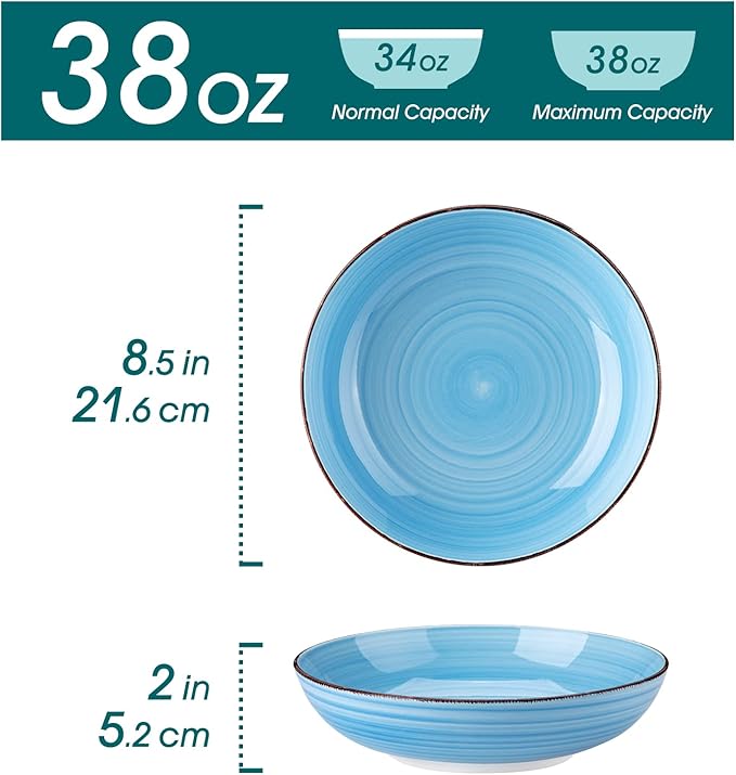 vancasso Bonita Pasta Bowls Set of 6, 38 oz Shallow Bowls, Ceramic Pasta Plates and Salad Bowls, Microwave & Dishwasher Safe Serving Bowls, Blue