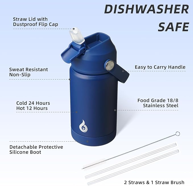 BJPKPK Insulated Water Bottle with Straw Lid, 12oz Thermos Water Bottles, Flex Handle & Non-slip Boot, BPA Free Leak Proof Stainless Steel Metal Thermos, Tumblers, Cups,Klein Blue