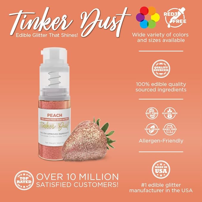 Bakell - Peach Tinker Dust (4g, 1x Mini Spray Pump) Edible Glitter for Food, Desserts, and Beverages!