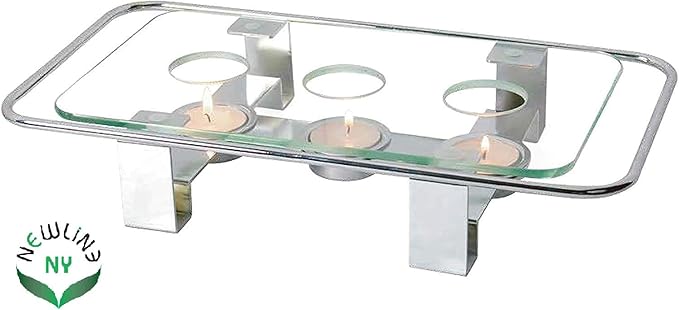 NewlineNY Chrome Plated Glass Dish Warmer, Rectangular Glass-Top 3 Holes Tea Light Votive Candle Gourmet Food Warmer