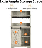 Farmhouse Coffee Bar with 3 Tier Storage Hutch, 56 Inch Small Coffee Station with 6 Hooks, Corner Bar Table with Adjustable Shelves for Living Dining Room (Grey)