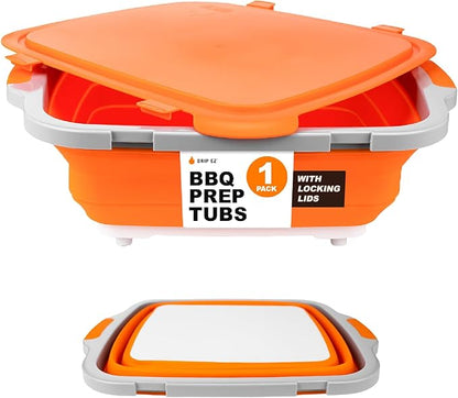 Drip EZ Collapsible BBQ Prep Tub- for Meal Prep Marinating Food Storage - Includes Cutting Board & Locking Lid - (1) OG - Orange
