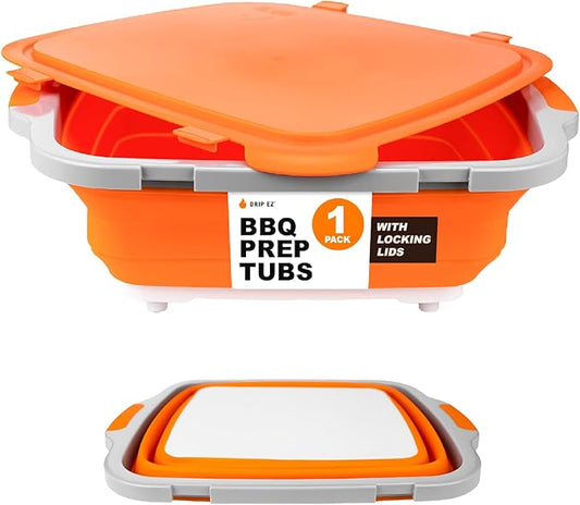 Drip EZ Collapsible BBQ Prep Tub- for Meal Prep Marinating Food Storage - Includes Cutting Board & Locking Lid - (1) OG - Orange