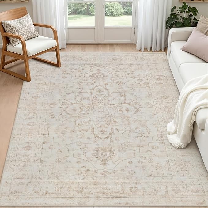 5x7 Area Rugs Living Room: Bedroom Washable Carpet Warm Beige | Vintage Boho by Luxturiy