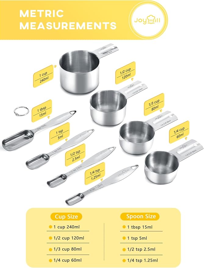 Joyhill Measuring Cups and Spoons Set of 8 Piece, Metal Stainless Steel Measuring Cups and Spoons Set for Baking Cooking, Dry and Liquid Ingredients
