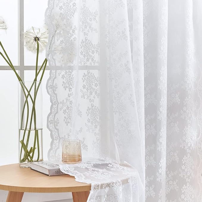 YJ YANJUN Vintage Lace Curtains 63 Inches Length- Elegance Floral White Sheer by YJYANJUN
