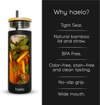 haelo 20oz Glass Tumbler Water Bottle, Iced Coffee Cup with Straw, Silicone Protective Sleeve, Bamboo Lid Reusable BPA Free (Black)