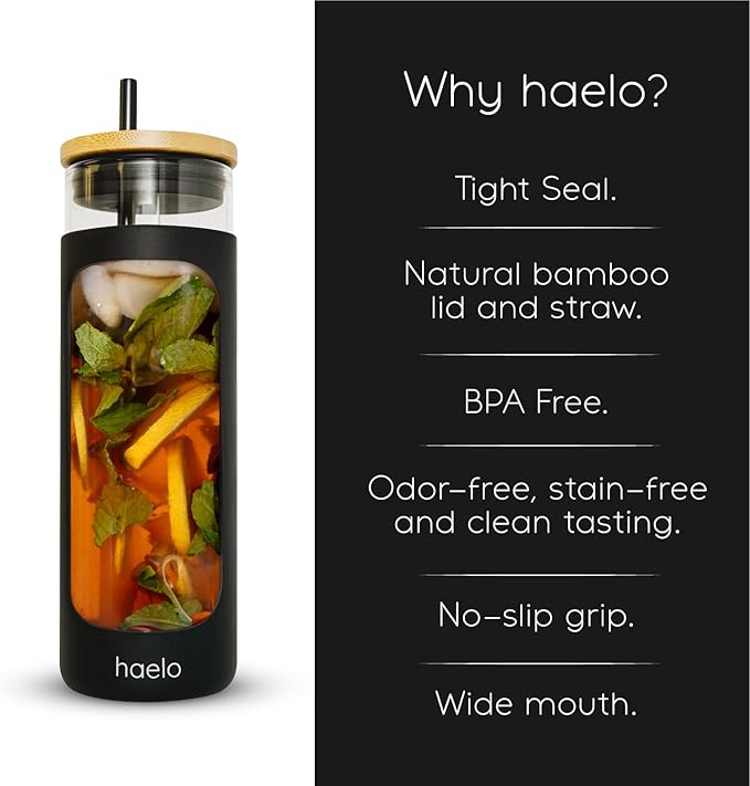 haelo 20oz Glass Tumbler Water Bottle, Iced Coffee Cup with Straw, Silicone Protective Sleeve, Bamboo Lid Reusable BPA Free (Sage Green)