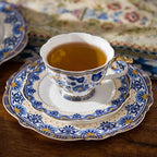 ACMLIFE Bone China Tea Cups and Saucers, 6.8 oz Tea Cup and Saucer Set, with Gold Trim and Gift Box, Blue and White (Blue-D)
