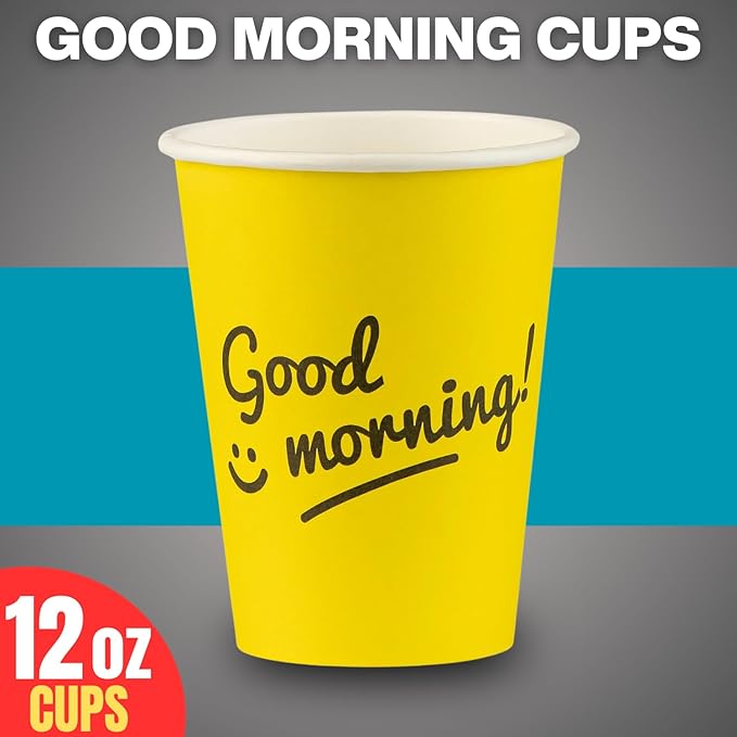 Smygoods Disposable Coffee Cups, To Go Paper Hot Cups, Good Morning Design (12 OZ, 50 Count) For Hot Beverages, Coffee, Tea, Espresso, Cocoa - Vasos Para Cafe