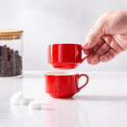 2.5 Ounce Porcelain Espresso Cups with Saucers and Silver Stand, Red Stackable Cups Set of 4