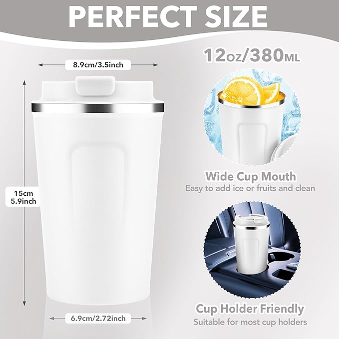 Volhoply 12 oz Double Wall Insulated Vacuum Travel Coffee Mug with Flip Lid,Reusable Stainless Steel Leak Proof Coffee Cup,Portable Iced Cafe Thermal Tumbler Suitable for Hot&Cold Drinks(White,1 Set)
