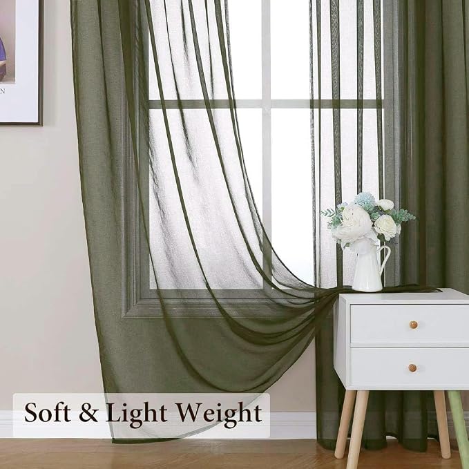 MIULEE Olive Green Linen Textured Semi-Sheer Curtains 42W×45L Kitchen | Semi - Image 6