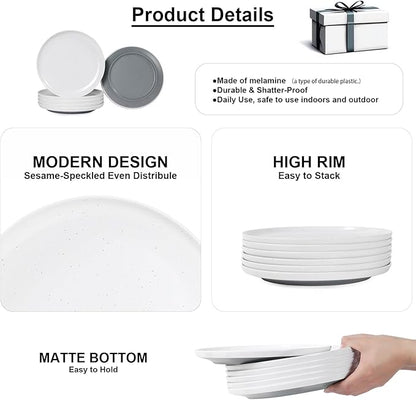 Webbylee Melamine Dessert Plates Set of 6-7.5" Serving Durable Dishes Perfect for Kitchen Outdoor Use,Durable Small Plates for Salad-White & Grey