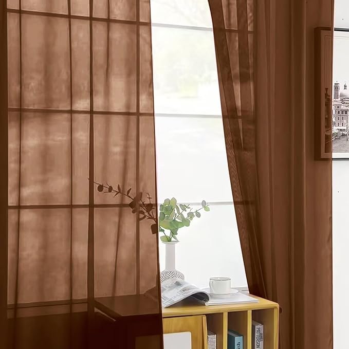 SpaceDresser Brown Sheer Curtains 4 Panels Rod Pocket Semi-Sheer Curtain 84 - Image 4