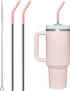 Metal Straw with Silicone Tip for 30oz Stanley Cup, 2 Pcs Stainless Steel Straws Replacement for Stanley 30 oz Adventure Quencher Travel Tumbler Cup, 1 Straw Brush (Light Pink)
