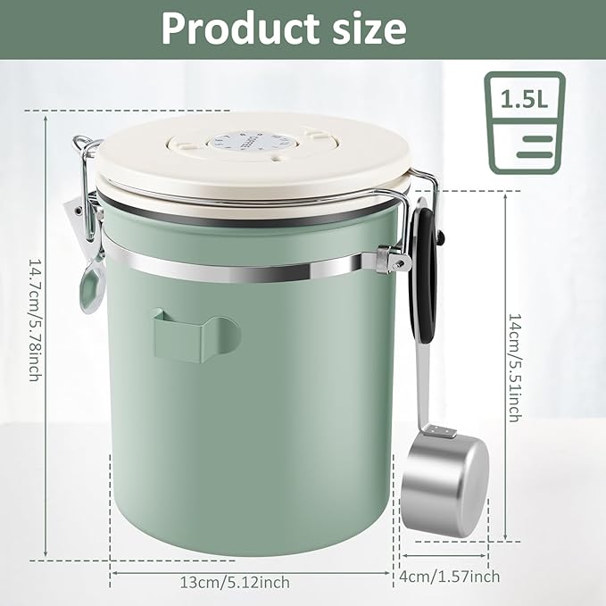 3Pcs Coffee Storage Canister 1.5L Double Airtight Coffee Beans Container with Date Locator 304 Stainless Steel Kitchen Food Storage Container with Spoon for Coffee Beans Grounds Tea,Green Sugar,Green